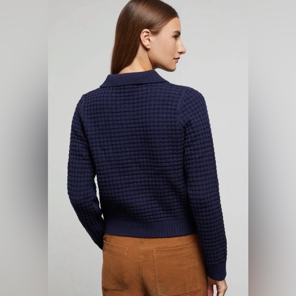 Onia chunky knit navy blue heavy Waffle Knit Shirt Polo Collar Sweater Comfy - Picture 3 of 17